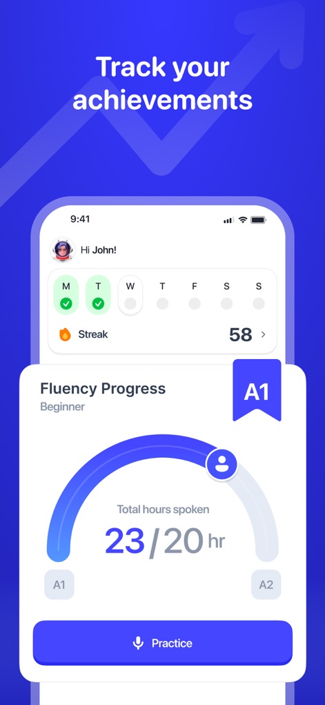 Learn Languages - Lucida AI - Esta herramienta permite a los usuarios visualizar su racha de práctica diaria con iconos de verificación y un medidor de 'Fluency Progress' que muestra el progreso entre niveles de habilidad como A1 y A2.