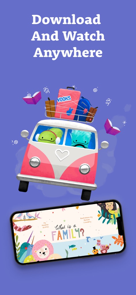 Vooks: Read-Aloud Kids' Books - 이 스크린샷은 여행용 자동차 이미지와 휴대폰에서 재생되는 이야기를 통해 사용자가 언제 어디서든 콘텐츠를 다운로드하여 시청할 수 있음을 보여줍니다.