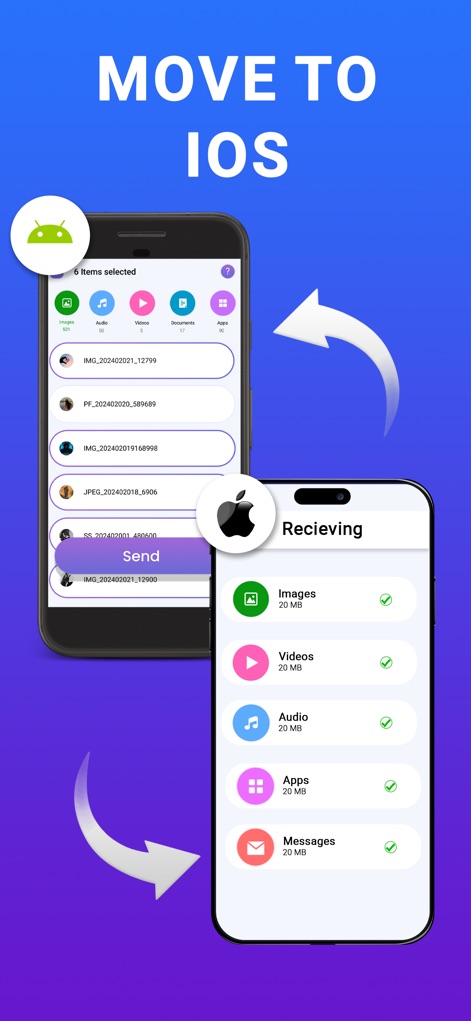 Smart Switch: Copy my data - La aplicación facilita la transferencia desde Android, mostrando la selección de archivos multimedia y documentos en el dispositivo emisor y la organización por categorías en el receptor iOS.