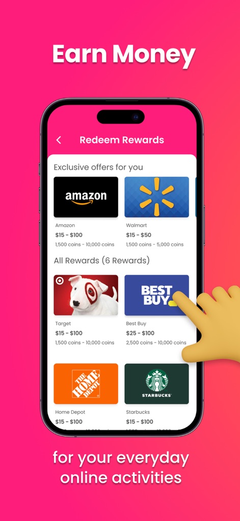 Poll Pay: Earn Money & Cash - Nutzer können hier eine Vielzahl beliebter Markengeschenkkarten wie Amazon und Starbucks sehen, zusammen mit den zugehörigen Wertbereichen und den erforderlichen Münzkosten für die Einlösung.