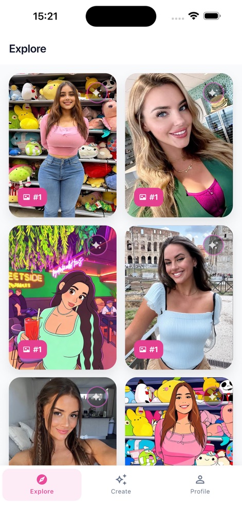 Desira - - The 'Explore' section presents a diverse gallery of user-generated content and various cartoon styles, inspiring new creative transformations and digital identities.