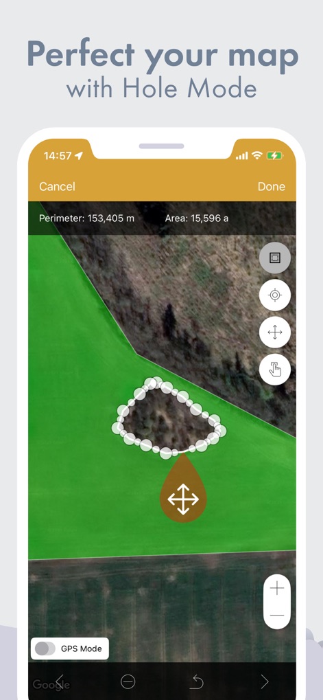 GPS Fields Area Measure Map - Los usuarios pueden perfeccionar sus mapas definiendo áreas de exclusión con el 'Hole Mode', calculando el 'Perimeter: 153,405 m' y 'Area: 15,596 a' de las zonas restantes con precisión en el terreno.