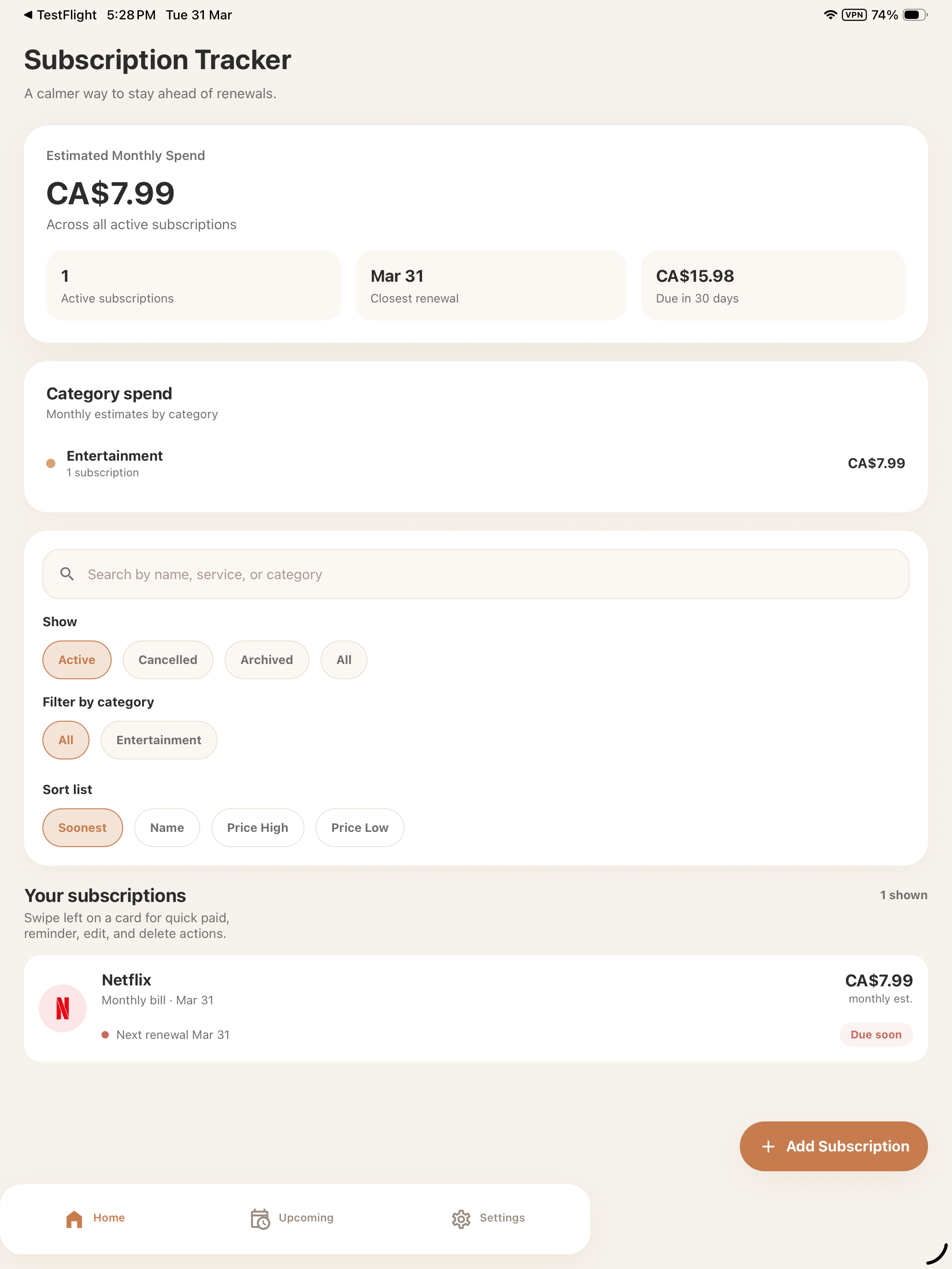 Subscriptions Tracker & Cancel