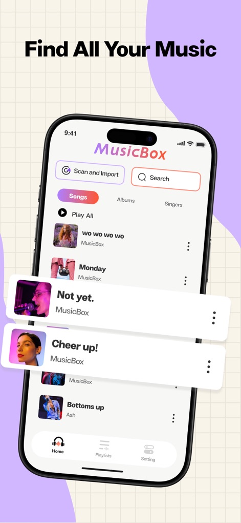 MusicBox - MP3 Player&Offline - 이 앱에서 사용자는 'Scan and Import' 기능을 통해 로컬 파일을 손쉽게 추가하고, 통합된 'Search' 바를 사용하여 원하는 곡을 즉시 찾을 수 있습니다.