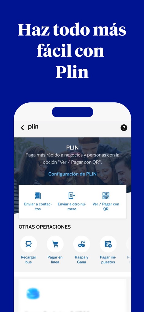 BBVA Perú | Banca Móvil - 「PLIN」のブランドロゴと、「Enviar a contactos」「Ver / Pagar con QR」という具体的な送金オプションが表示され、ユーザーが手軽に送金や支払いを実行できることを示しています。
