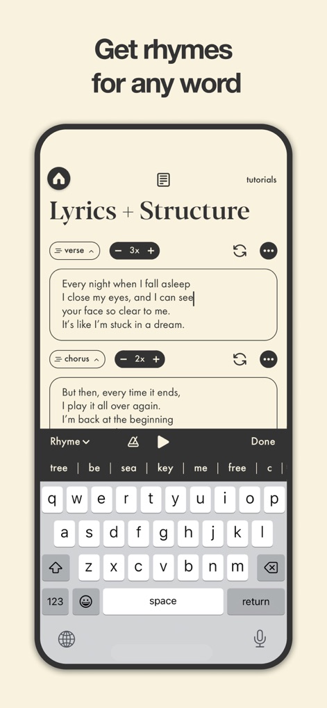 Demo: Songwriting Studio - Users can enhance their lyricism with an integrated rhyme assistant and a streamlined on-screen keyboard for effortless wordplay.