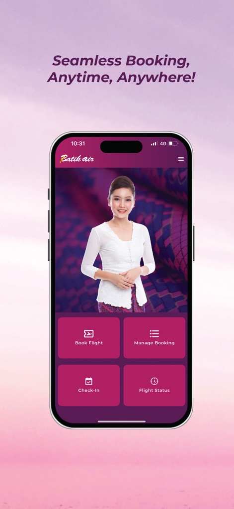 Batik Air - This initial view clearly presents core functions like 'Book Flight' and 'Manage Booking', guiding users to essential travel management features.