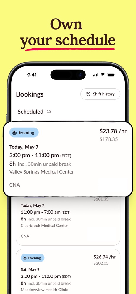 Clipboard - Workers App Store screenshot 2, headline “Own your schedule”. Leads with an outcome.