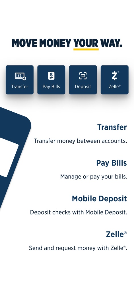 USAA Mobile - The app simplifies financial transactions through dedicated money movement actions and clear, descriptive labels for each function.