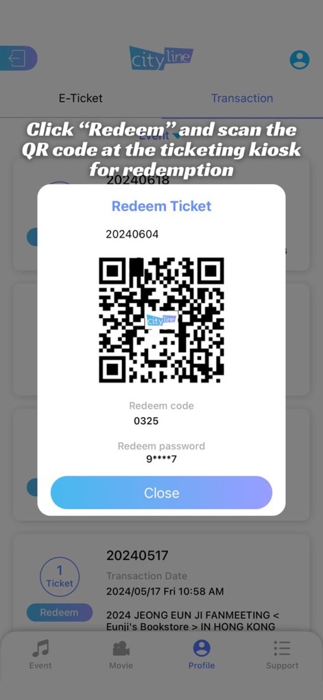 Cityline Ticketing - La funcionalidad de canje se simplifica mediante un código QR dinámico y un 'Redeem code' visible, asegurando una recuperación eficiente de las entradas físicas en quioscos.