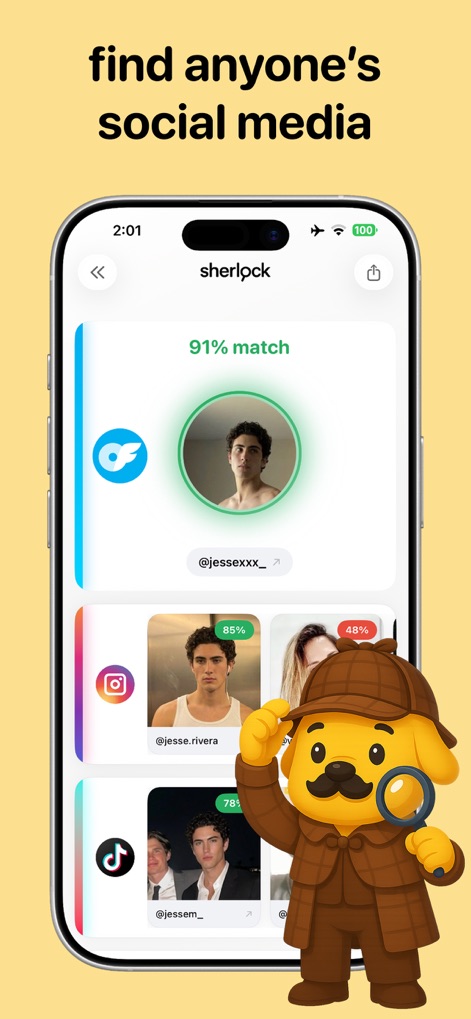 Sherlock: AI Face Search - The app presents immediate search results, displaying a high percentage match for a face alongside linked social media profiles.