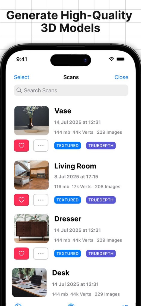 3d Scanner App™ - Los usuarios pueden gestionar una galería de modelos 3D de alta calidad, como un jarrón o una sala de estar, cada uno mostrando detalles cruciales como la cantidad de vértices (44k Verts) y si están texturizados.