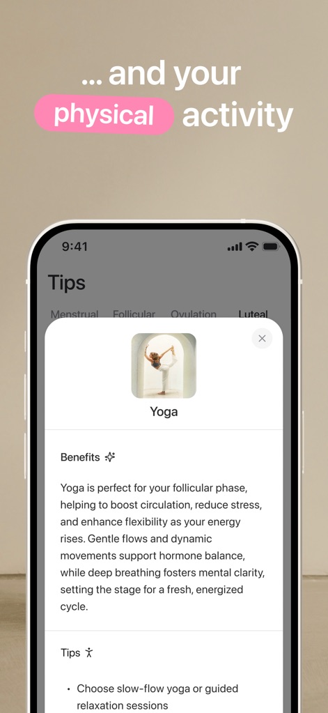 Harmony: Cycle Syncing, Period - The app offers tailored exercise suggestions like slow-flow yoga, detailing its benefits for boosting circulation and flexibility during the follicular phase.