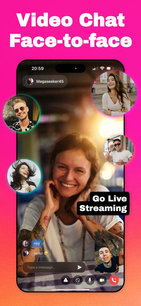 Video Dating App - Minglify - Experience seamless multi-person video calls and instant chat, powered by the app's integrated 'Go Live Streaming' functionality for dynamic conversations.