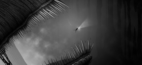 SILT - Witness the lone diver's beam of light piercing through the darkness, shadowed by the menacing, jagged teeth of an unknown leviathan.