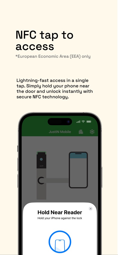 JustIN Mobile - The app illustrates rapid 'NFC tap to access' functionality, clearly displaying the 'Hold Near Reader' instruction and an intuitive tapping animation for quick entry.