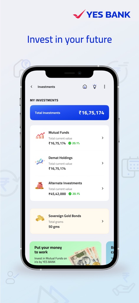 IRIS by YES BANK - Mobile App - Users gain a comprehensive overview of their "Total Investments," with specific categories like "Mutual Funds" and "Sovereign Gold Bonds" detailing their current value and growth.