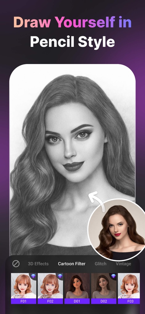 LoopArt - 3D Photo & Morph - La aplicación convierte fotografías en obras de arte, aplicando un detallado efecto de X (dibujo a lápiz) que replica con precisión los trazos y sombreados de Y (un boceto realista).