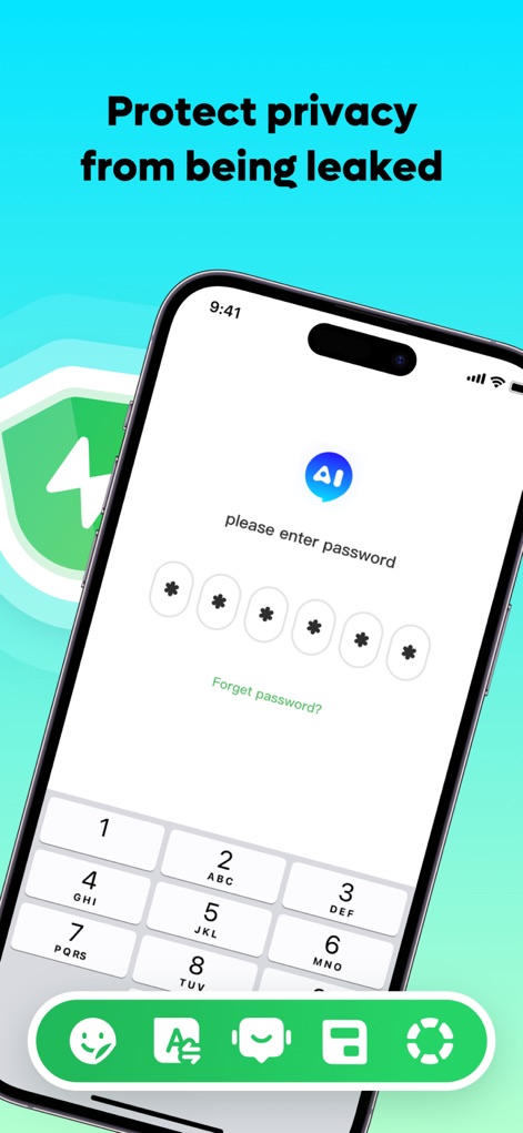 AIBooster - Web Tools - La aplicación protege la información confidencial mediante un sistema de bloqueo por contraseña numérica y un icono de escudo que simboliza la robusta protección de la privacidad.