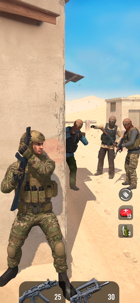 Shoot Out: Shooting Simulator - L'application illustre des scénarios de combat rapproché avec de multiples ennemis, mettant en avant les aspects tactiques et la nécessité d'une exécution précise pour les opérations critiques.