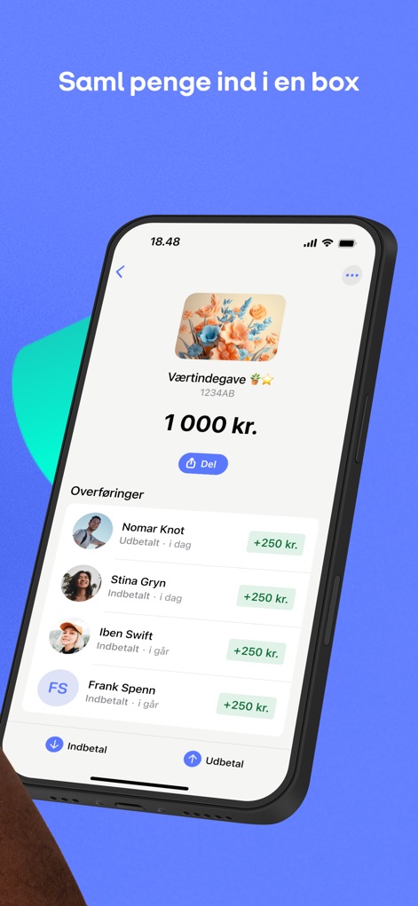 MobilePay - This feature allows users to collect funds for specific purposes, clearly showing a collective amount and individual contributions from multiple participants.