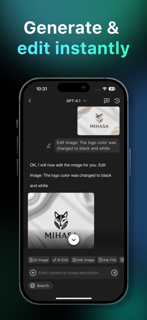 AI Asking&Writing-ChatArt - Witness how the app handles 'Edit Image' requests conversationally, instantly transforming visuals like changing 'the logo color to black and white'.
