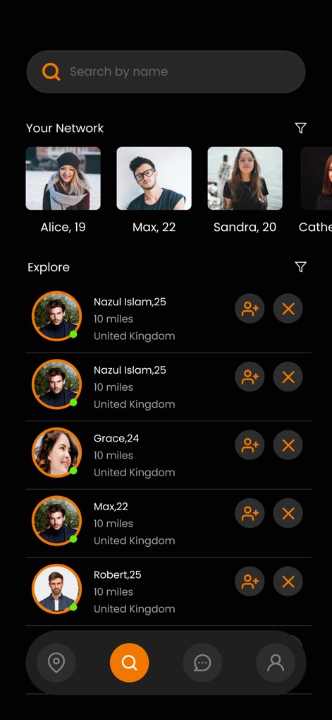 Holla App Me - Esta pantalla permite a los usuarios descubrir y explorar contactos cercanos en la sección 'Explore' con información como la distancia y opciones para 'Add Friend' o 'Remove', facilitando nuevas conexiones geolocalizadas.