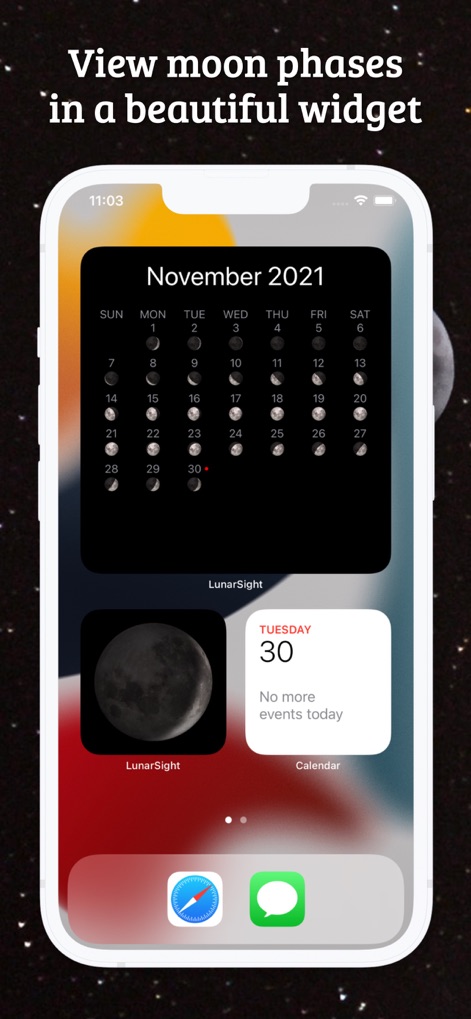 Moon Phase Calendar LunarSight - Nutzer können Widgets zu ihrem Startbildschirm hinzufügen, um die aktuelle Mondphase und eine kompakte Monatsübersicht direkt zu sehen.