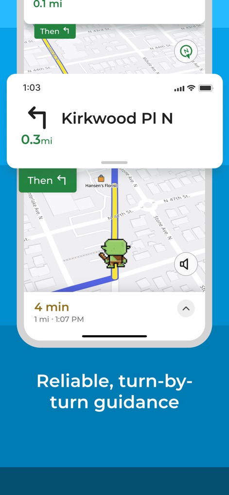MapQuest GPS Navigation & Maps - Observe the clear turn-by-turn directions with a next-turn indicator and the charming pixel art character guiding the route on the map.
