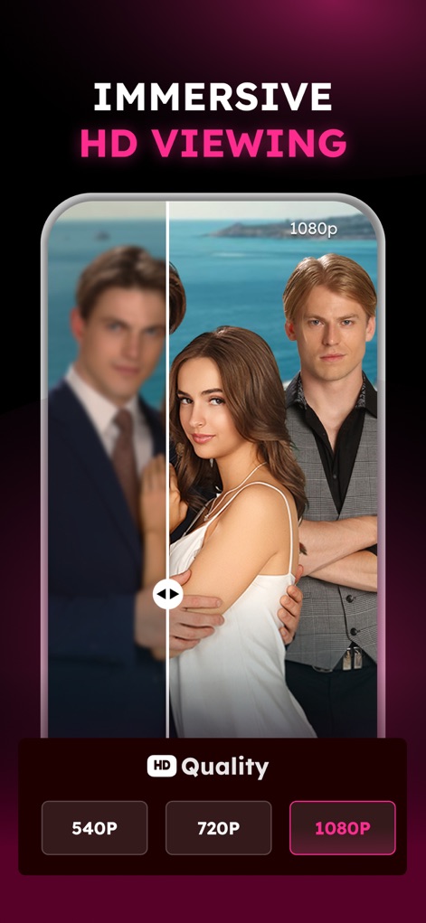 StardustTV - Short Drama&Movie - Experience superior visual quality with the app's "Immersive HD Viewing," clearly demonstrating the difference between standard and "1080p" resolution options for an enhanced experience.