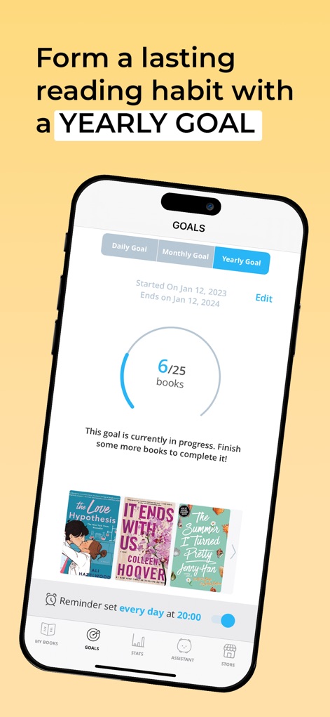 Bookly: Book Tracker - Gli utenti possono impostare e monitorare obiettivi di lettura a lungo termine, come un "Yearly Goal" di "6/25 books" con il progresso visualizzato nel cerchio.