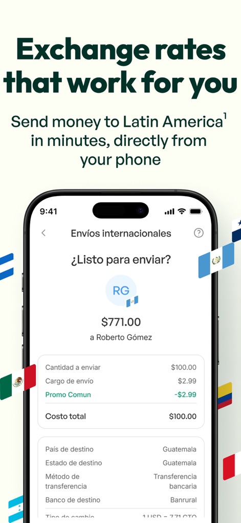 Común: Tu banca moderna en USA - 이 앱은 라틴 아메리카로의 국제 송금을 지원하며, 송금 세부 정보(예: 과테말라로 송금) 및 경쟁력 있는 환율 정보를 투명하게 제공합니다.
