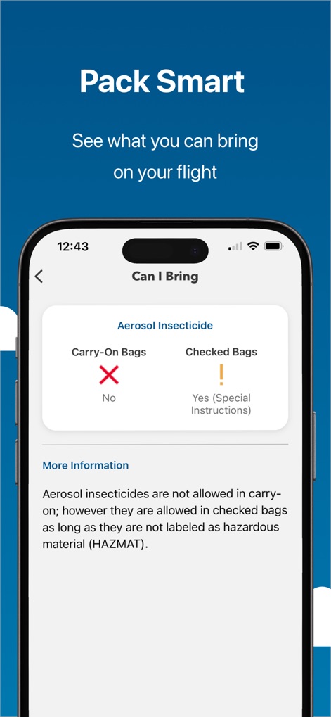 MyTSA - The app clarifies packing regulations with clear 'Carry-On Bags' and 'Checked Bags' indicators, providing specific advice for items like 'Aerosol Insecticide'.