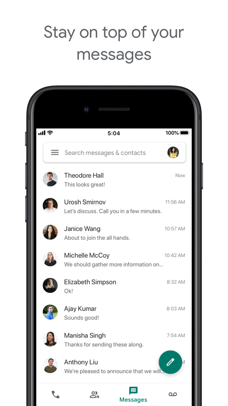 Google Voice App Store screenshot 3, headline “Stay on top of your messages”. Leads with an outcome.