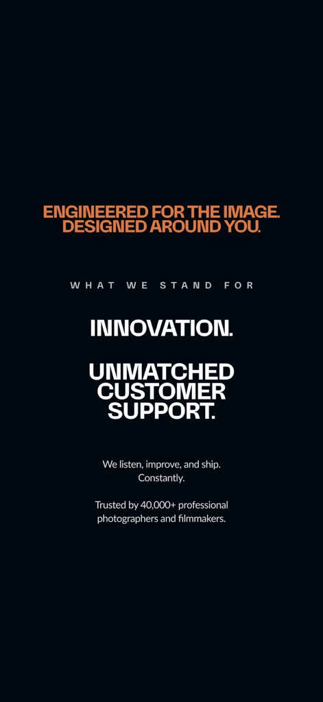Pearla - Pro Filmic Camera - La aplicación destaca su compromiso con la "Innovation" en el desarrollo de herramientas y subraya la confianza que inspira, siendo utilizada por más de "40,000+ professional photographers and filmmakers".