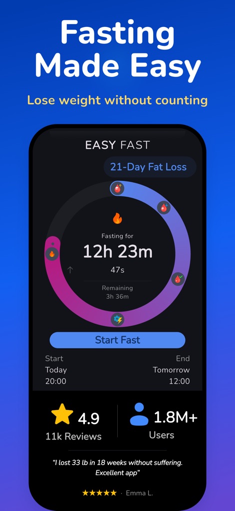 Fasting Tracker • Easy Fast - This tool provides a clear fasting timer with progress markers and integrates user reviews directly on the main screen.