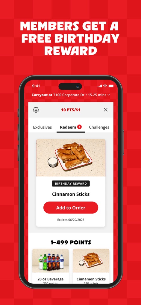 Pizza Hut - Delivery & Takeout - The app showcases exclusive member benefits, including a personalized "Birthday Reward" like Cinnamon Sticks, alongside a range of other tempting redemption options based on accumulated points.