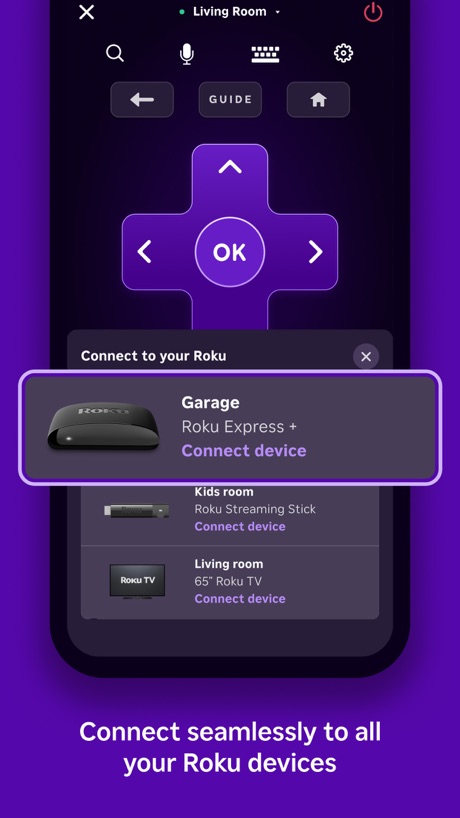 Roku Remote (Official) App Store screenshot 3, headline “Connect seamlessly to all your Roku devices”. Words at the bottom.