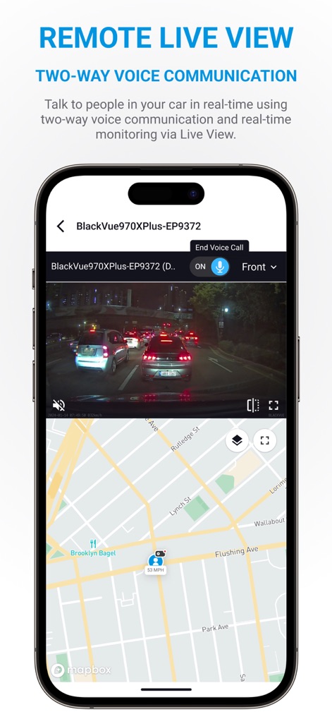 BlackVue - Access "Remote Live View" to monitor your car in real-time, complete with a "microphone icon" for two-way voice communication and front/rear camera switching.