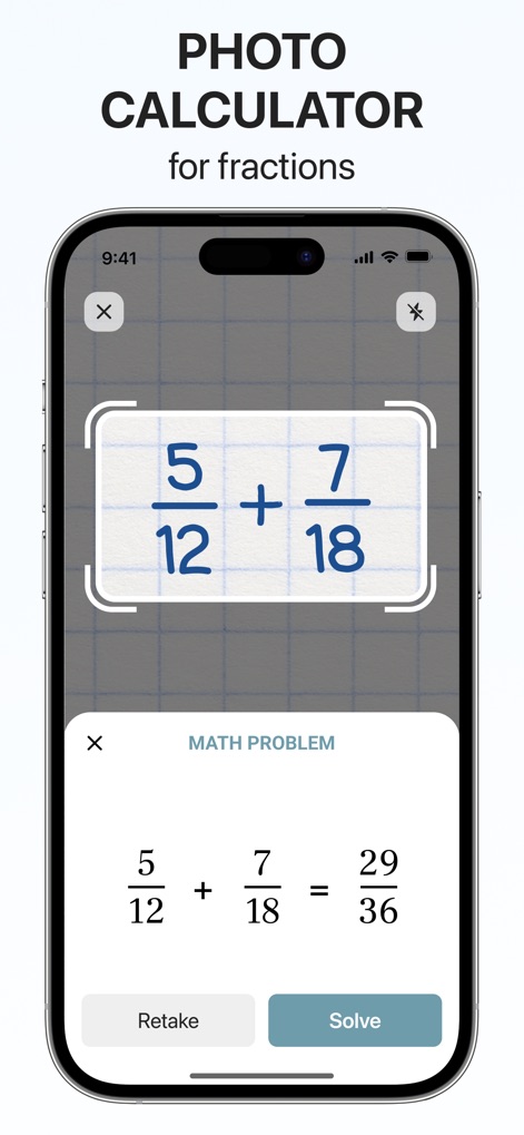 Fraction Calculator Plus #1 - This app features an innovative photo calculator, allowing users to scan handwritten fraction problems and instantly view the solved math problem.