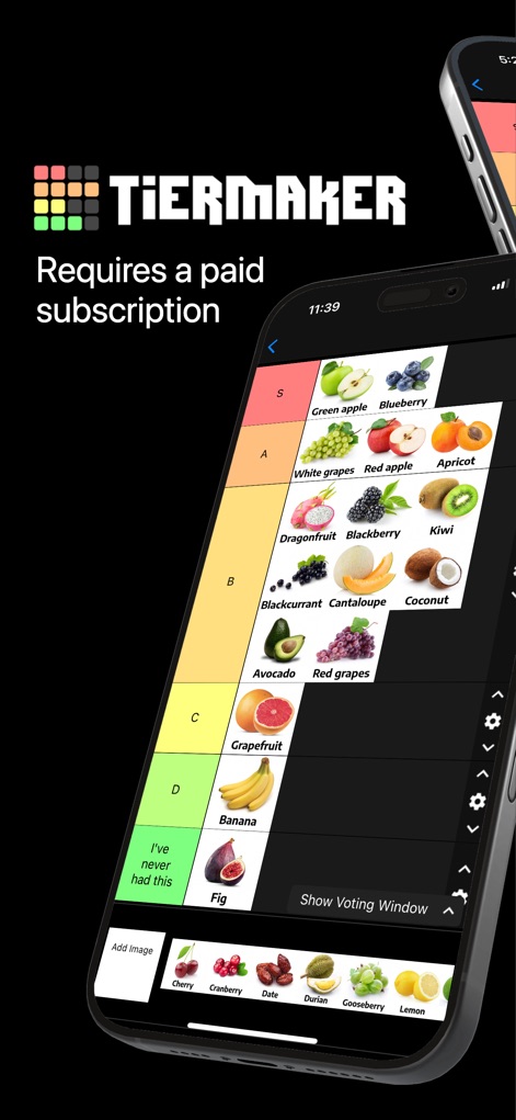 TierMaker.com - L'app consente di organizzare facilmente elementi in categorie predefinite (come S, A, B, C, D), trascinando immagini di frutta come "Green apple" e "Blueberry" per personalizzare ogni lista.