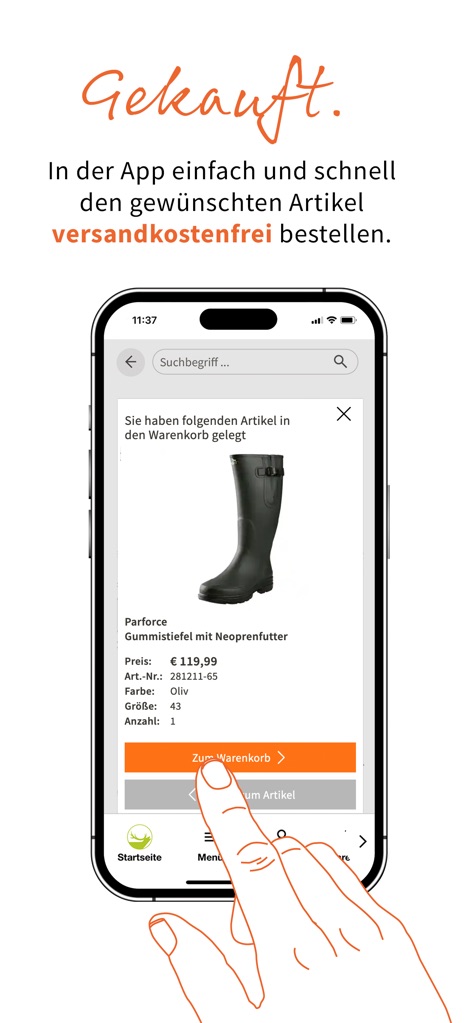 Frankonia - Online-Shop - Les utilisateurs bénéficient d'un **processus d'achat fluide**, avec une confirmation claire des articles ajoutés au panier, comme ces bottes en caoutchouc. La navigation est optimisée pour une finalisation rapide, et l'application permet de placer des commandes avec l'avantage exclusif de la **livraison gratuite**.
