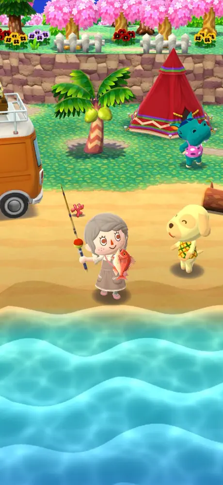 どうぶつの森 ポケットキャンプ コンプリート 浜辺で釣りを楽しむ様子