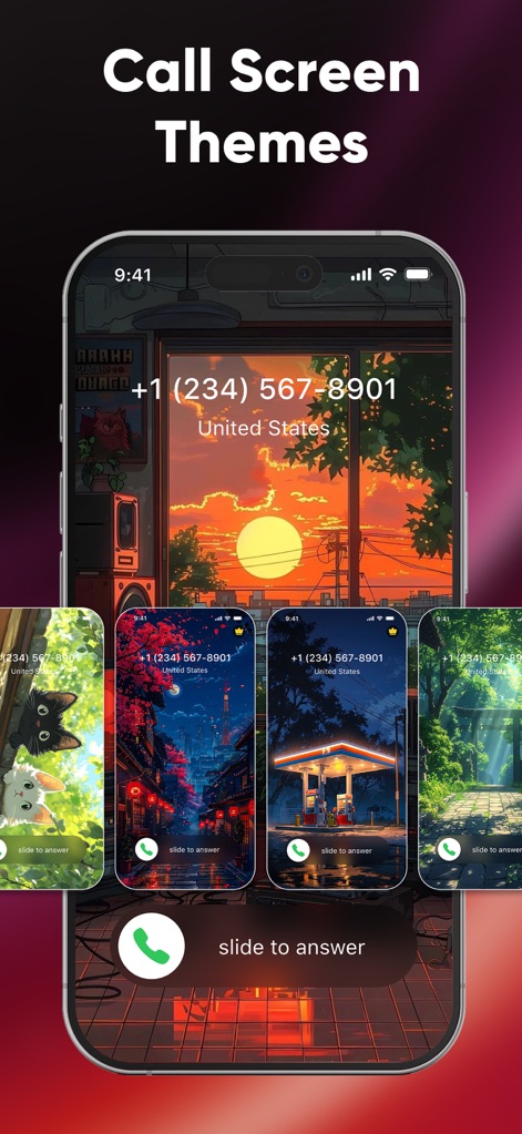 Ringtones Maker & Wallpapers - La aplicación ofrece pantallas de llamada personalizables, incluyendo un tema de 'atardecer urbano' y múltiples previsualizaciones de diseños variados.