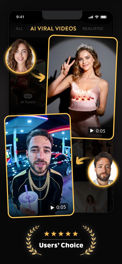 Pose: AI Photo Video Generator - Dieses Tool erstellt virale Videoclips, wie die Frau, die mit einer Geburtstagstorte posiert, und der Mann, der sich in einem Auto filmt, mit dem "Users' Choice" Abzeichen.