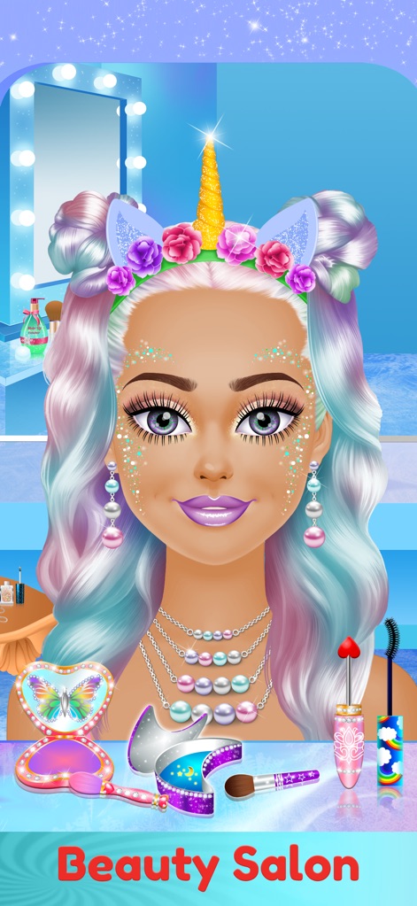 Dress Up & Makeup Girl Games - A imagem revela uma personagem com maquiagem brilhante e um chifre de unicórnio, com paletas de maquiagem e rímel à disposição.
