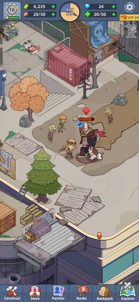 Mini Survival: Zombie Fight - Dieser dynamische Screenshot illustriert einen intensiven Nahkampf gegen einen der mächtigen Boss-Zombies, während weitere kleinere Feinde in einer zerstörten Stadtstraße lauern.