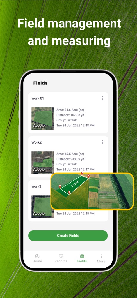 Tractor GPS : Field Navigator - Cette fonctionnalité permet la gestion organisée des champs avec affichage des surfaces cultivées et offre des outils de mesure visuelle précis directement sur la carte.