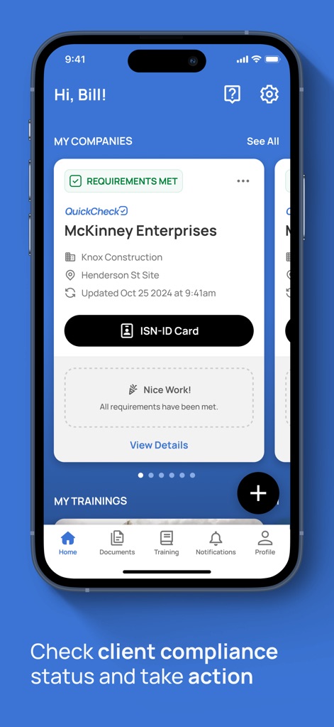 Empower, by ISN - The home screen presents a clear 'Requirements Met' status for client companies and offers quick access via the 'ISN-ID Card' button.