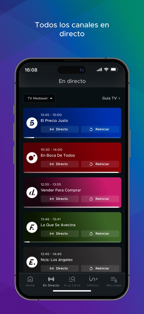 Mediaset Infinity España - The app offers a clear live TV schedule displaying current programs across various channels and the convenient option to 'Reiniciar' (Restart) a live broadcast.